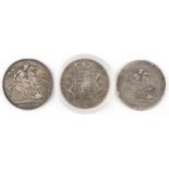 Three George III and later silver crowns comprising dates 1818, 1844 and 1889 : For further