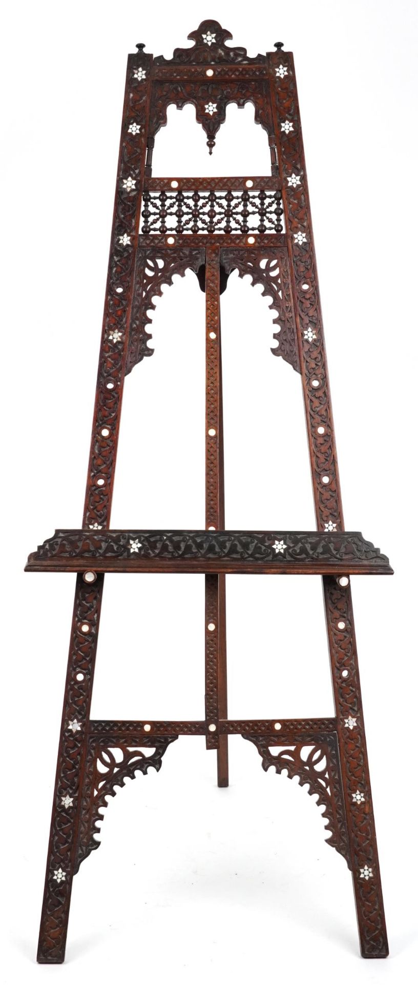 Attributed to Liberty & So, Moorish hardwood floor standing easel with mother of pearl inlay - Image 2 of 3