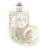 Indian Goa mother of pearl powder flask with metal mounts formed of pinned sections, 18cm high : For