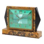 Good Art Deco marble and black slate mantle clock with green engine turned dial having Arabic
