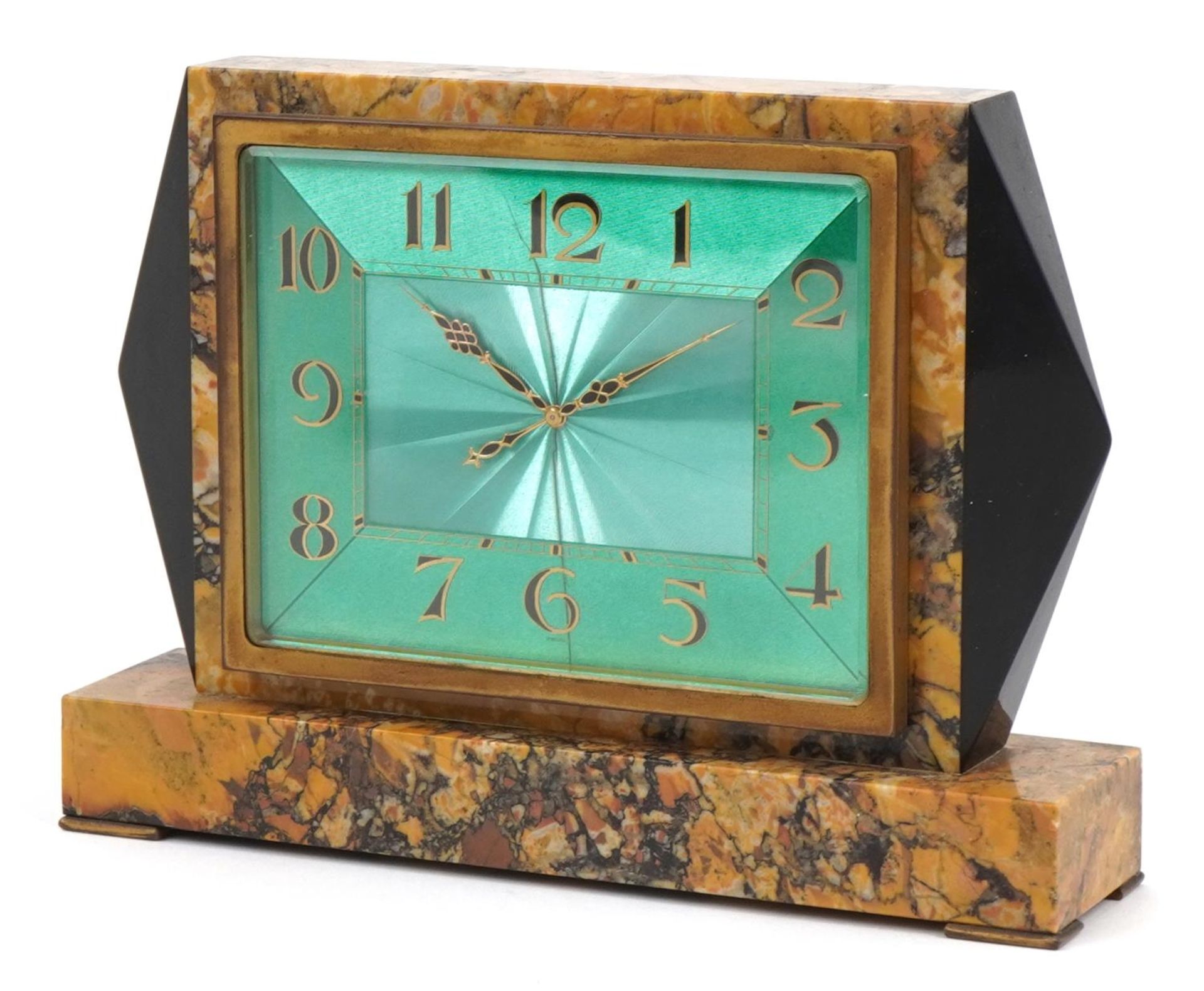 Good Art Deco marble and black slate mantle clock with green engine turned dial having Arabic