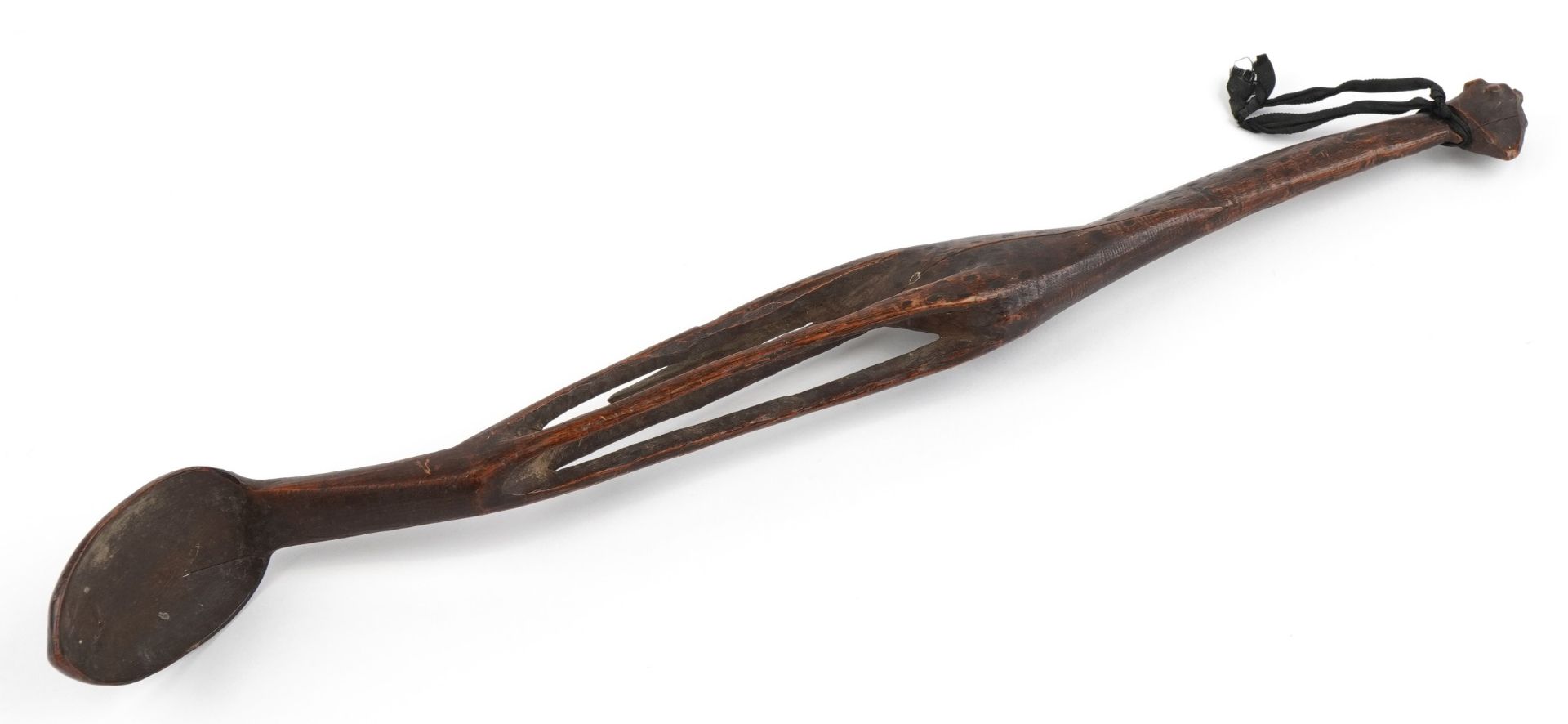 Large tribal interest treen spoon carved with a giraffe, 55cm in length : For further information on - Image 2 of 3