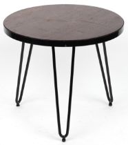 Industrial circular hardwood and wrought iron occasional table with hairpin legs, 53.5cm high x 61cm