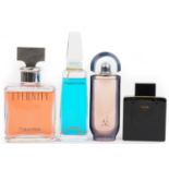 Four shop dummy display scent bottles comprising Van Cleef & Arpels, Calvin Klein Eternity, Paco