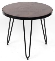 Industrial circular hardwood and wrought iron occasional table with hairpin legs, 53.5cm high x 61cm