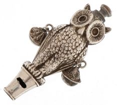 Crisford & Norris Ltd, Edwardian silver baby's rattle whistle in the form of an owl, Birmingham