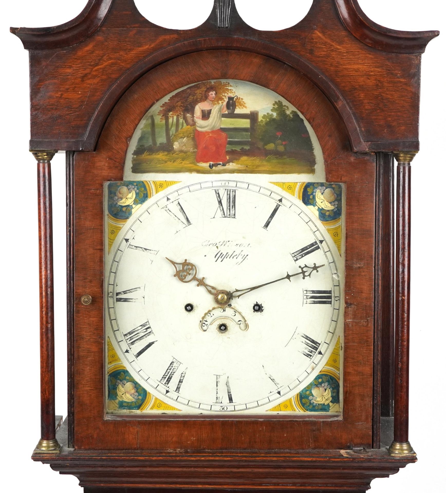 19th century oak cases longcase clock with painted dial having Roman and Arabic numerals, - Image 2 of 7
