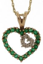 9ct gold emerald and diamond love heart pendant on a 9ct gold necklace, 2cm high and 40cm in length,