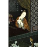 Young scholar at a window, Chinese reverse glass painting housed in a hardwood frame, 50.5cm x