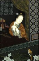 Young scholar at a window, Chinese reverse glass painting housed in a hardwood frame, 50.5cm x