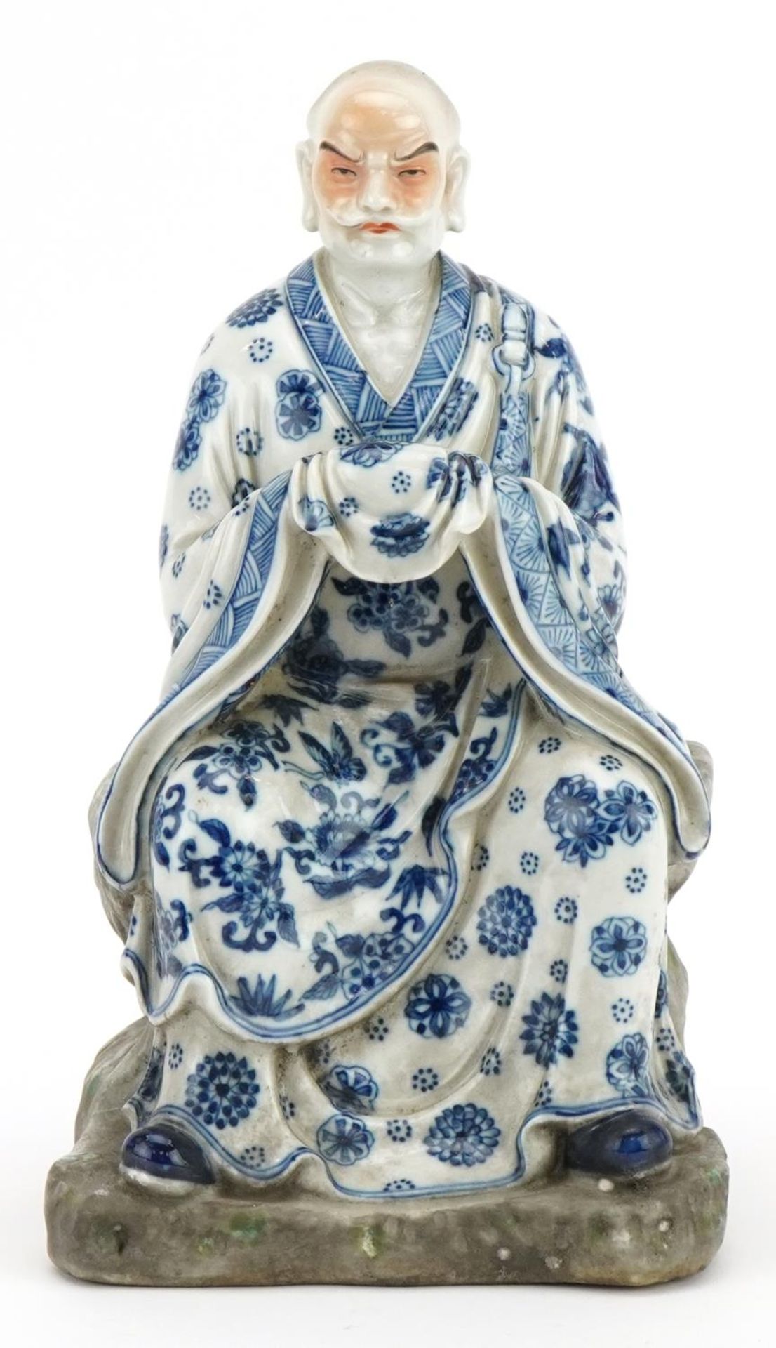 Chinese porcelain figure of an emperor wearing a blue and white robe, hand painted with flower - Image 2 of 7