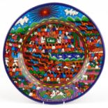 South American pottery charger hand painted with village life, 41cm in diameter : For further