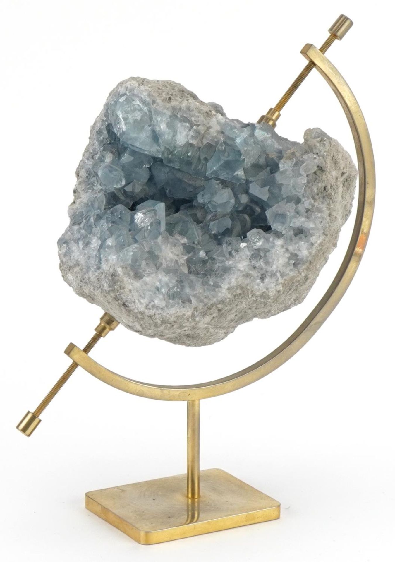 Geology interest natural history celesit specimen mounted on brass globe type stand, 19cm high : For