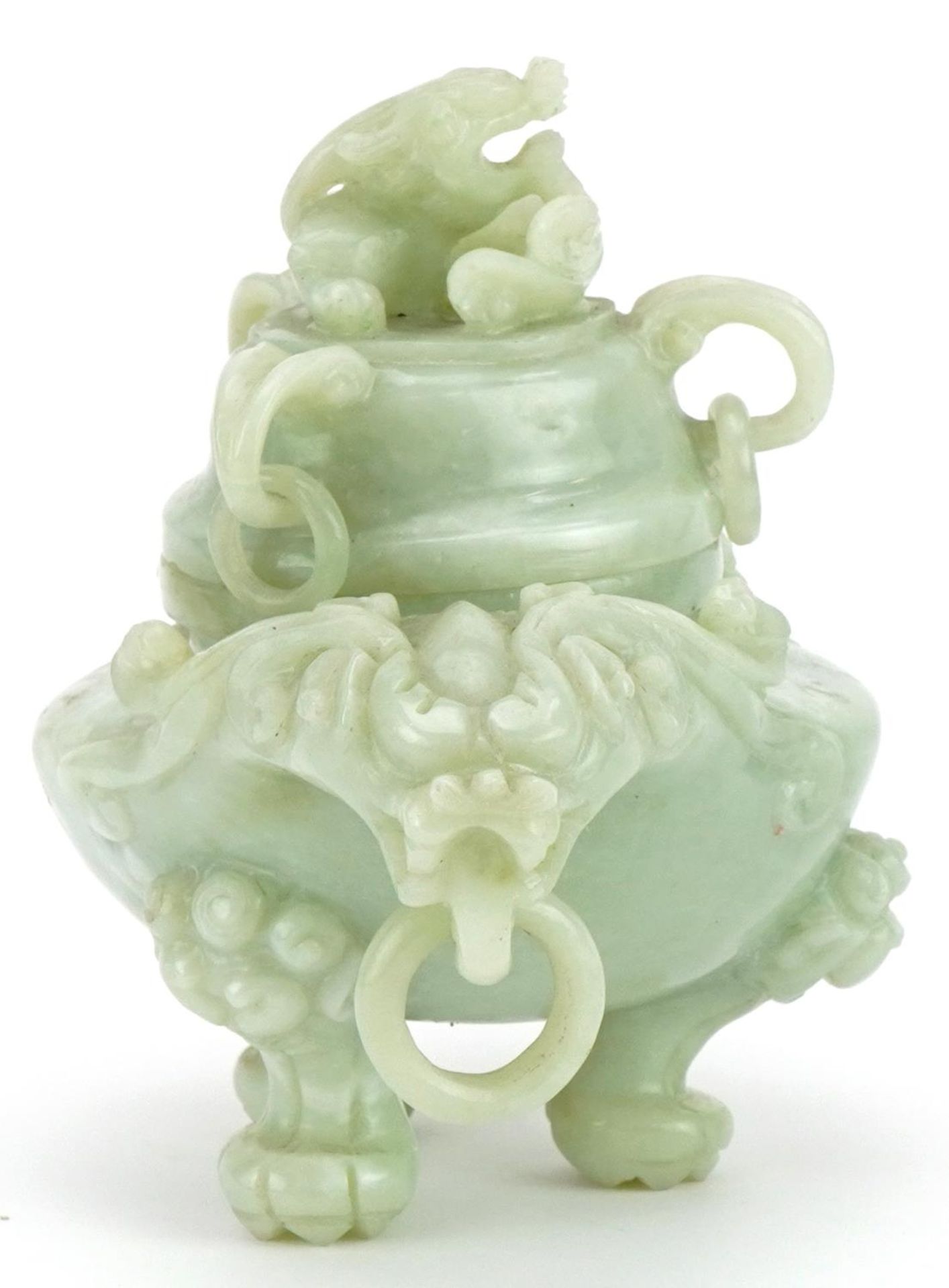 Chinese carved green hardstone lidded tripod censer with ring turned dragon handles, 19.5cm wide : - Image 6 of 9