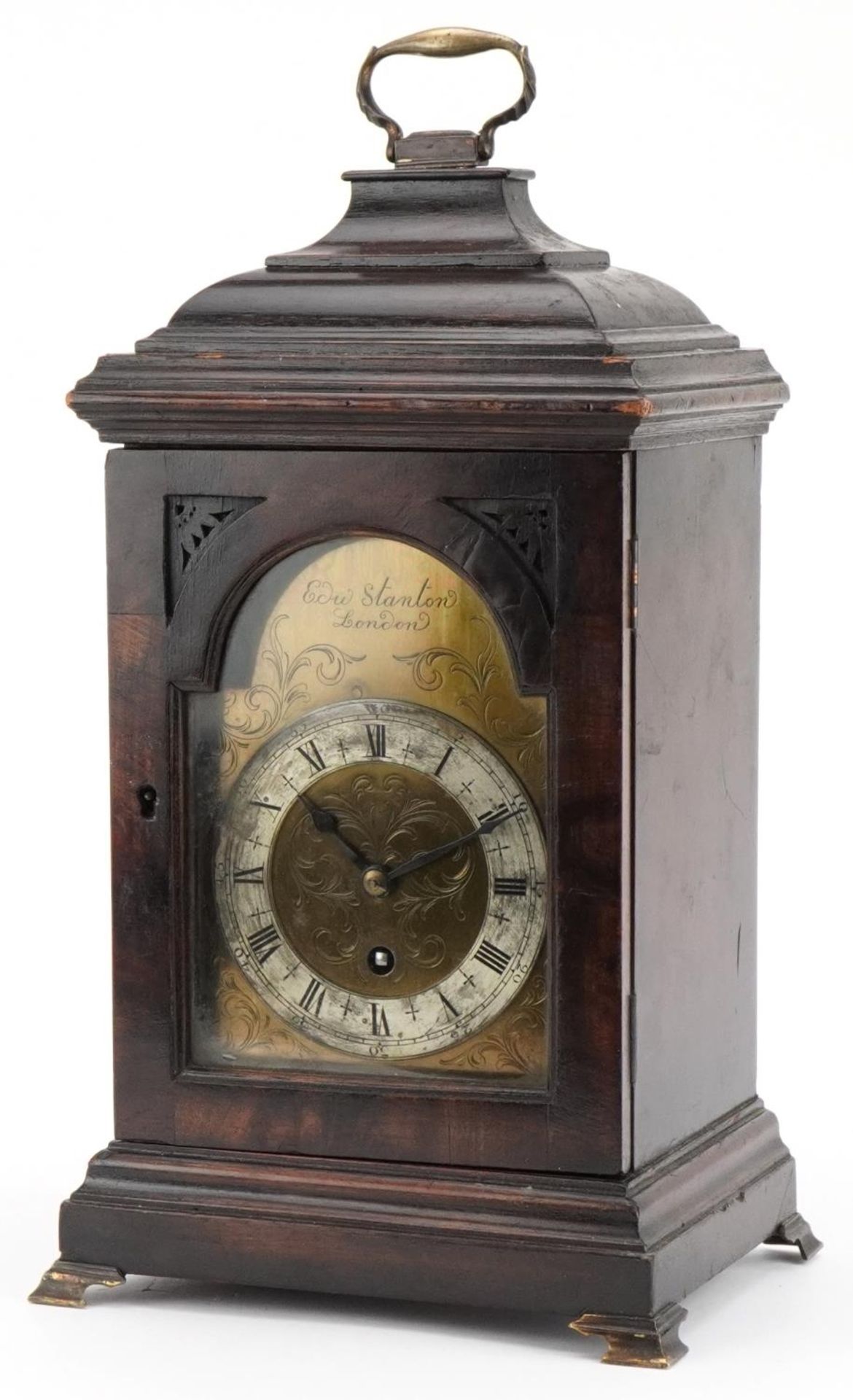 Edward Stanton of London, antique mahogany bracket clock with floral chased brass face and