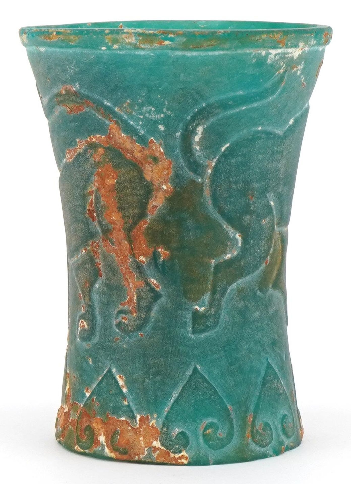 Chinese archaic style turquoise glass beaker decorated with mythical animals, 10.5cm high : For - Image 3 of 6