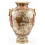 Overly large Japanese Satsuma pottery vase on stand finely hand painted with figures on horseback