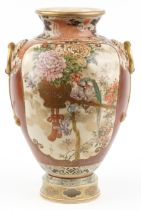 Overly large Japanese Satsuma pottery vase on stand finely hand painted with figures on horseback