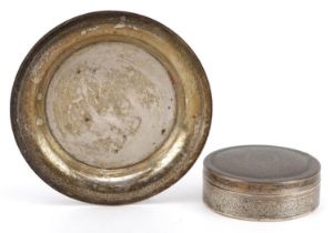 Egyptian silver circular dish and pot and cover, each with engraved decoration, the largest 12cm