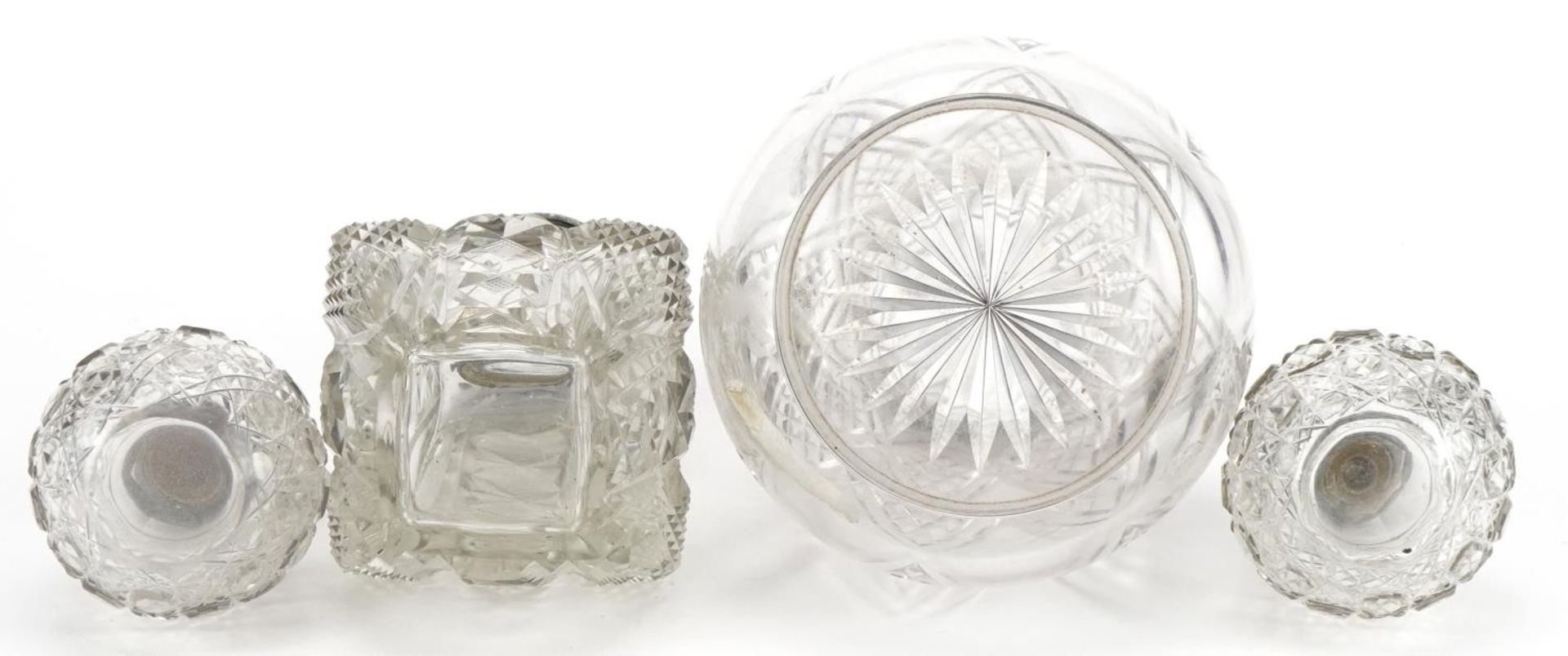 Four Victorian and later cut glass scent bottles with silver lids and mounts, the largest 17cm - Image 3 of 6