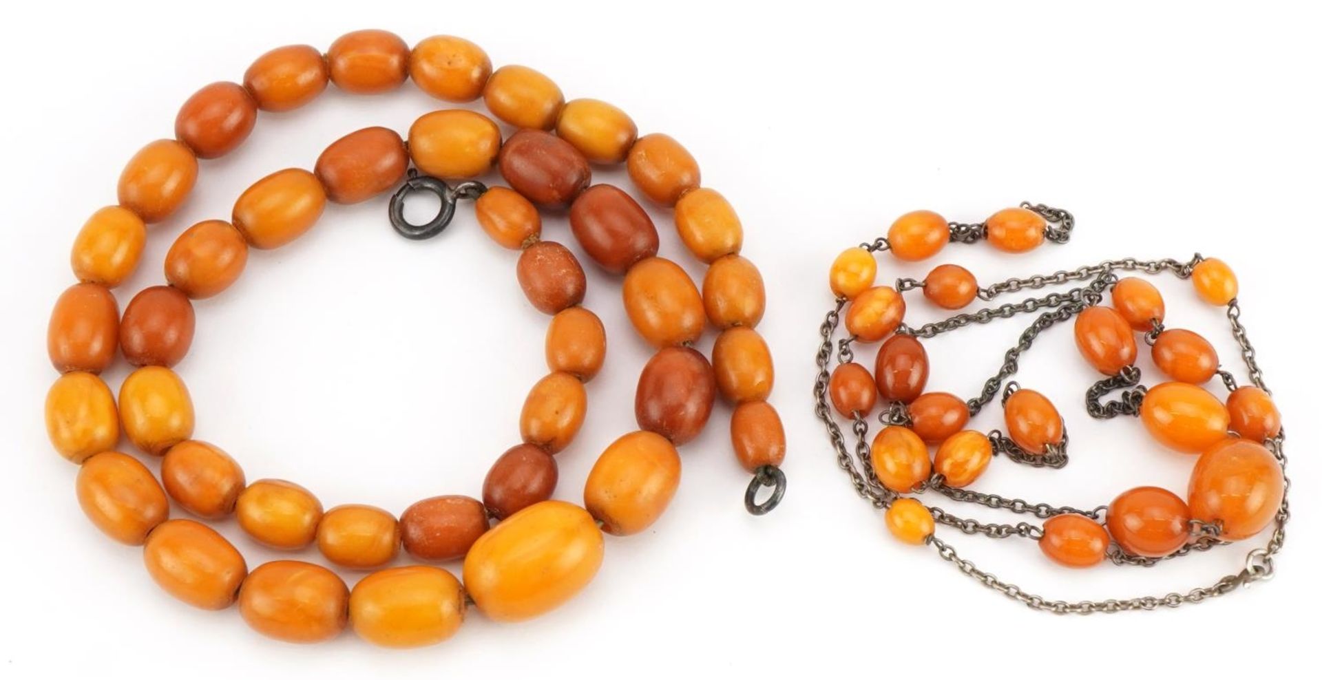 Two butterscotch amber coloured bead necklaces, one with white metal chain, the largest 46cm in