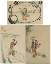 Geishas and attendants in palace settings, three Chinese watercolour and collages with stamps,