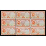 Nine Central Bank of Ireland Lady Lavery ten shilling banknotes, various serial numbers : For