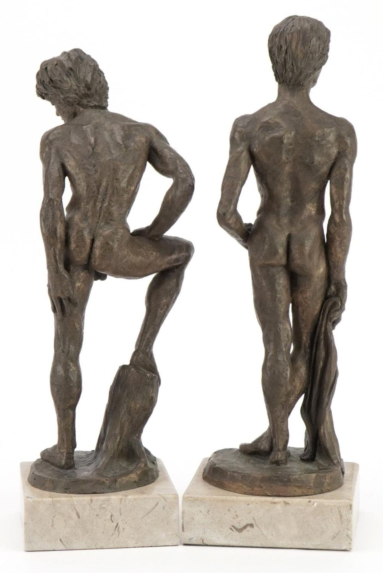 Neil Godfrey 1988, pair of contemporary cold cast bronze figures of standing nude males raised on - Image 2 of 4