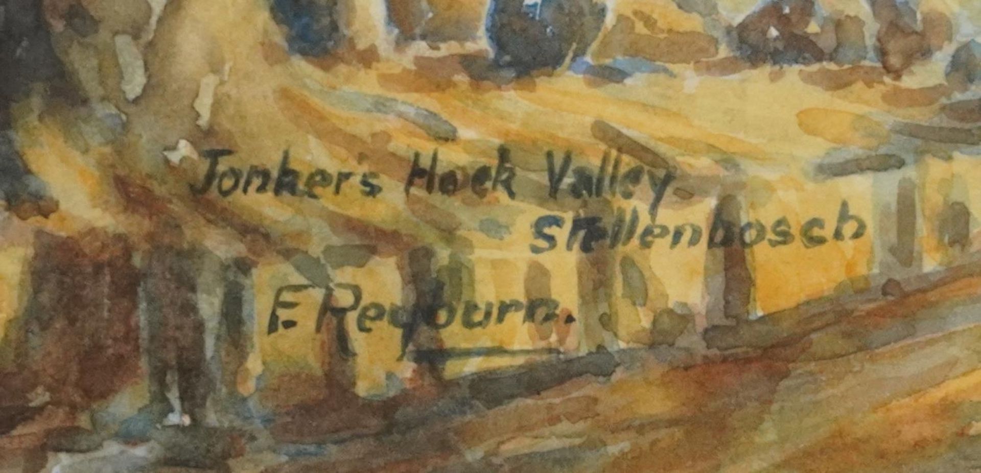 E Reyburn - Jonkers Hop Valley Stellenbosch, signed watercolour, Durban label verso, mounted, framed - Image 3 of 5