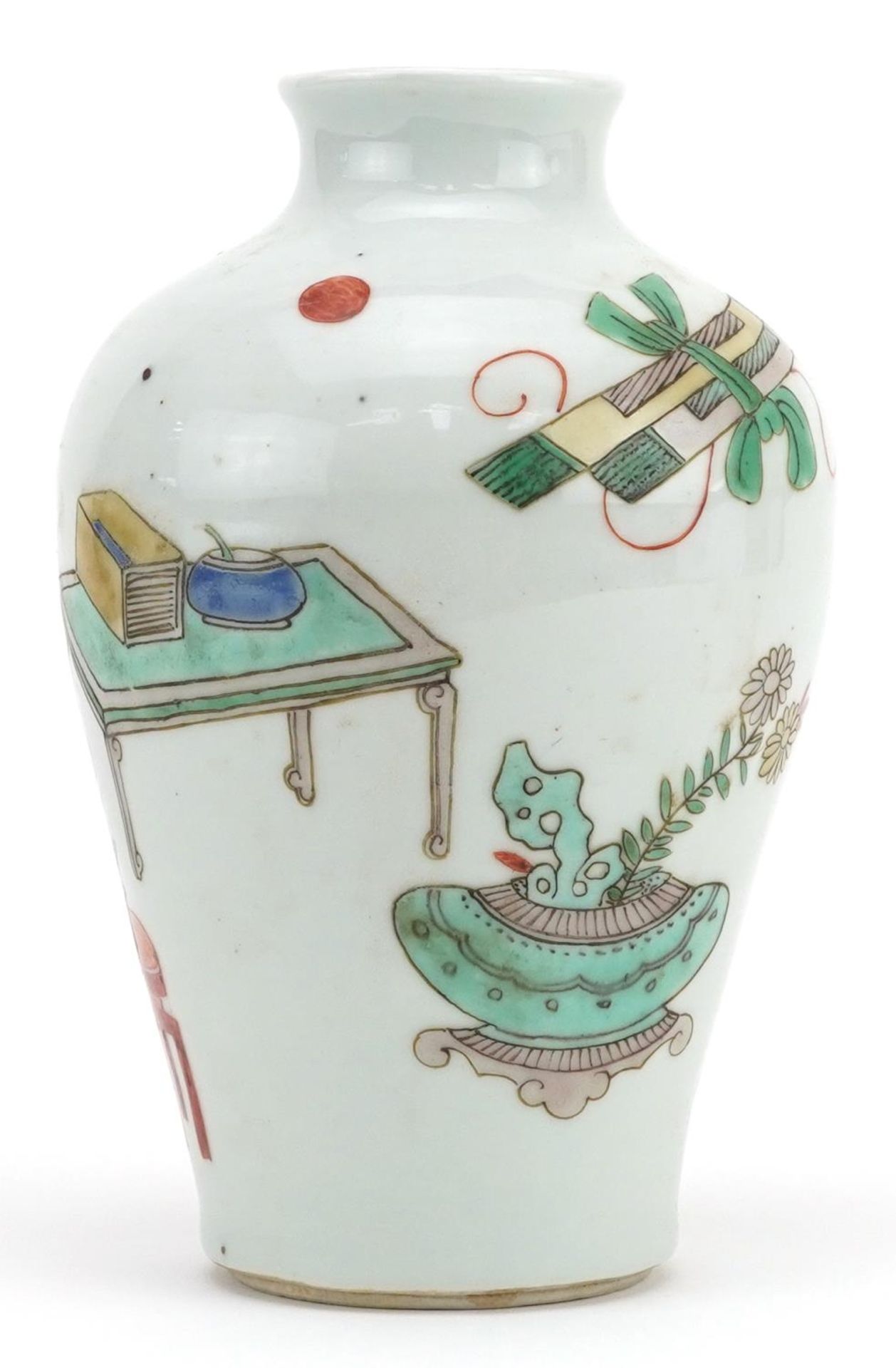 Chinese porcelain baluster vase hand painted in the famille verte palette with a scholar, 20cm - Image 3 of 6