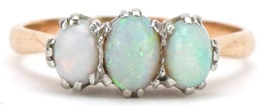 18ct gold and platinum opal three stone ring, size L/M, 2.3g : For further information on this lot