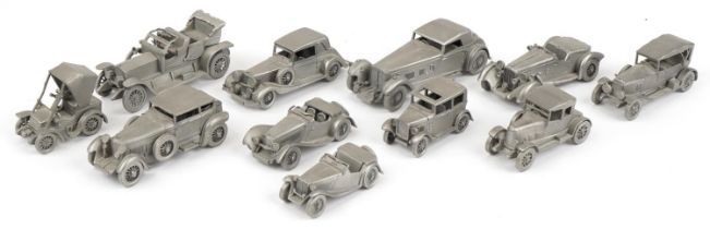 Eleven automobilia interest pewter cars by the Danbury Mint including Rolls Royce Silver Ghost,