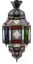 Moroccan Moorish style bronzed hanging lantern with coloured glass panels : For further