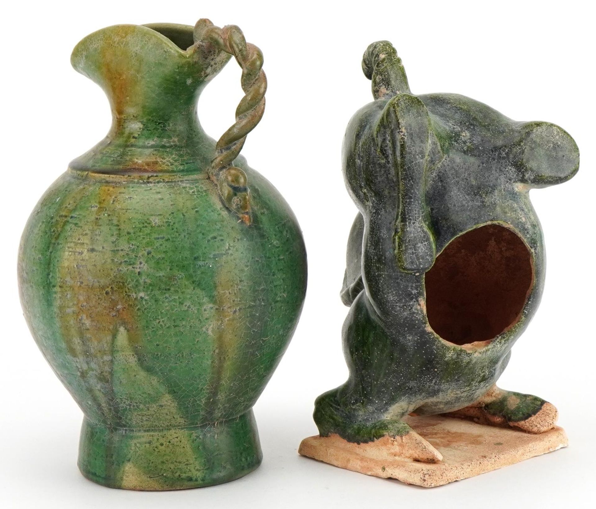 Chinese archaic style horse and a similar spouted vessel, each having green glazes, the largest 22. - Image 2 of 3
