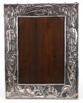 Large Art Nouveau silver plated copper easel photo frame embossed with classical figures and Putti