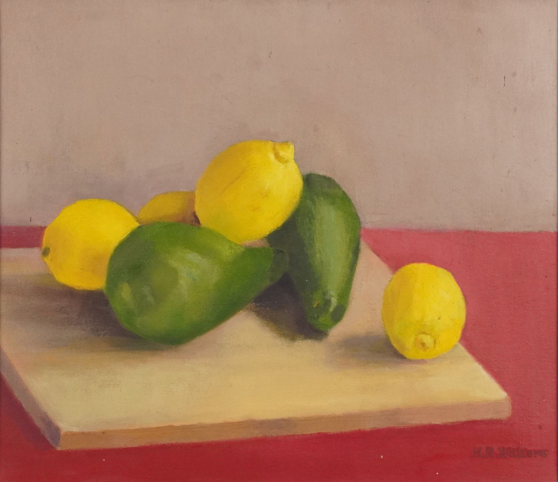 H R Walters - Still life lemons and pears, oil on canvas, mounted and framed, 40cm x 34.5cm