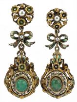 Pair of Austro-Hungarian unmarked silver gilt and enamel drop earrings set with cabochon emeralds