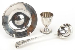 Silver and white metal objects comprising Carrs circular dish, silver eggcup and silver plated