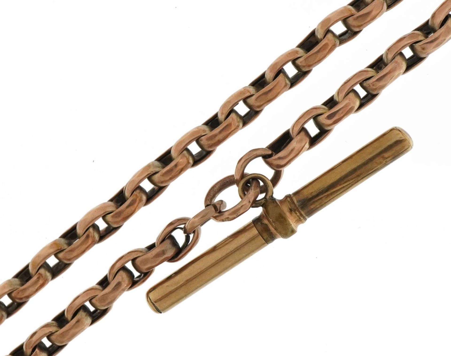 Victorian gold plated watch chain with T bar, 36cm in length, 19.2g : For further information on