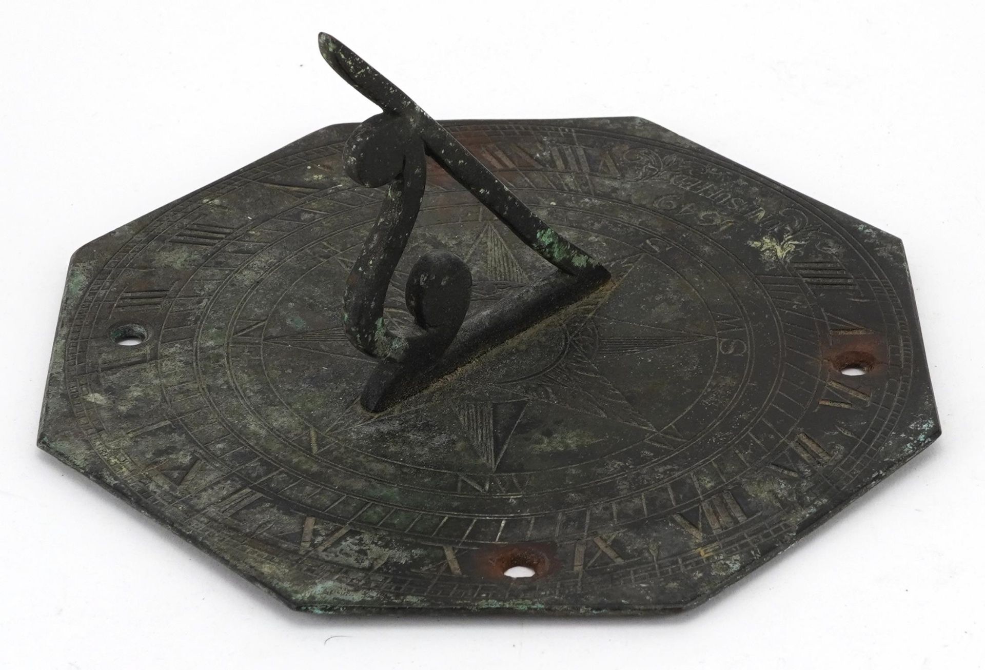 17th century bronze sundial Unesuffed 1649, 18cm in diameter : For further information on this lot - Image 4 of 5