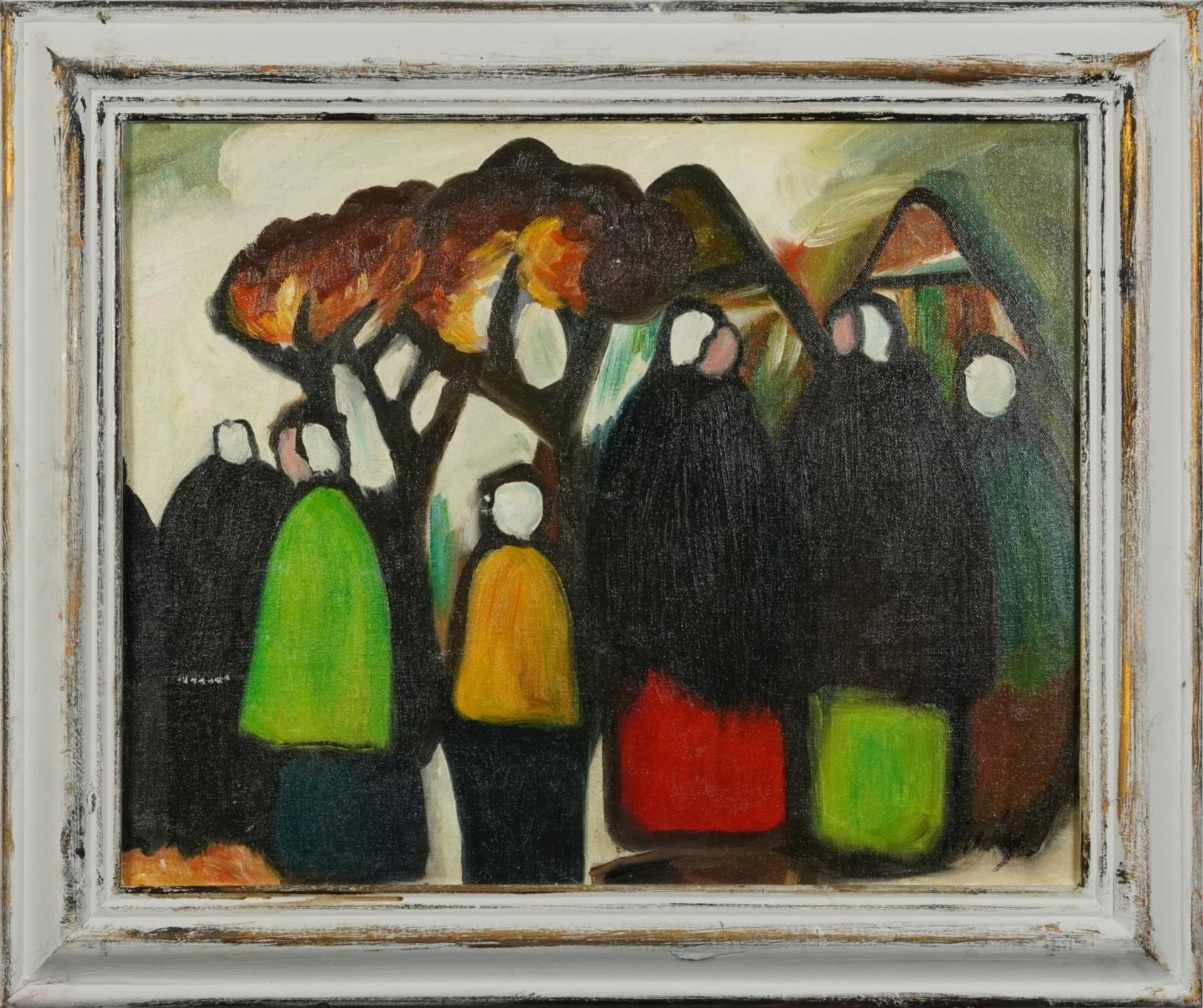 Manner of Markey Robinson - Figures standing about, Irish school oil on board, mounted and framed, - Image 2 of 5