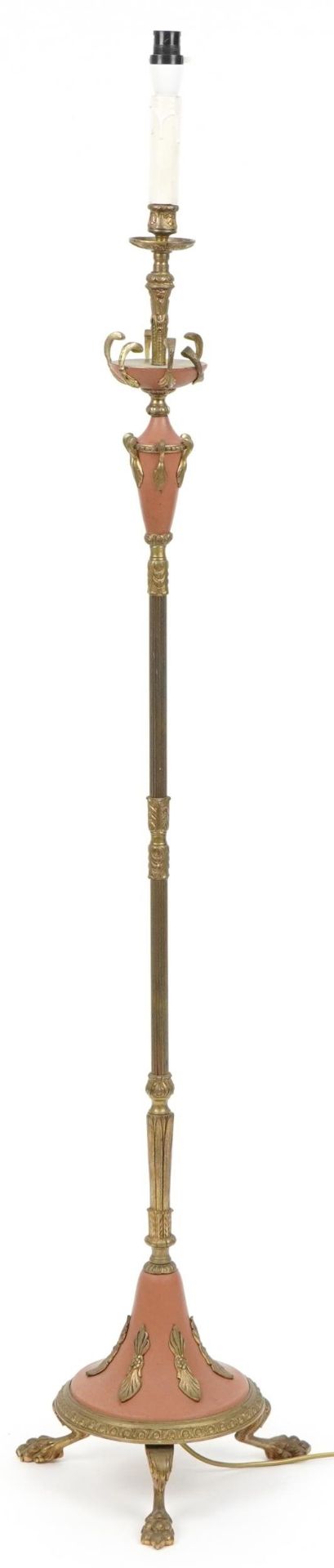 French style brass reeded standard lamp with lion paw feet, 148cm high : For further information