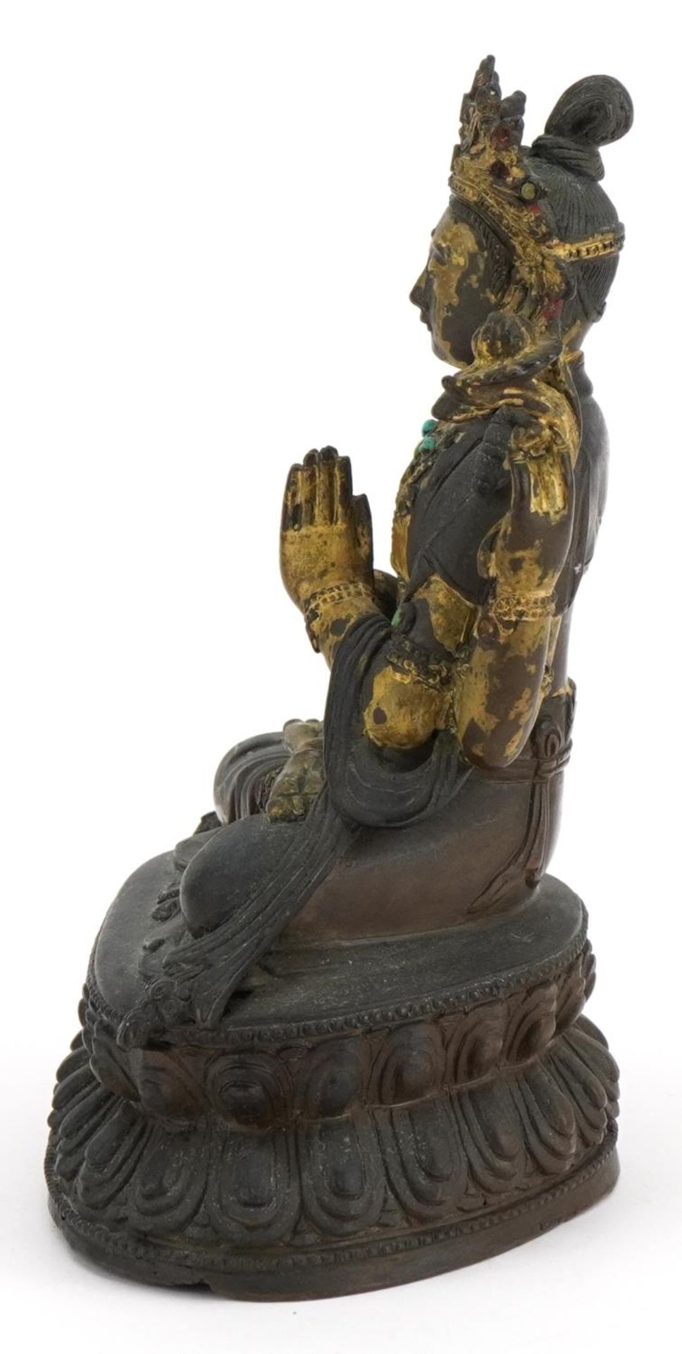 18th Century Chino Tibetan gilt bronze buddha of Sadaksari inset with turquoise cabochons, 16cm high - Image 4 of 10