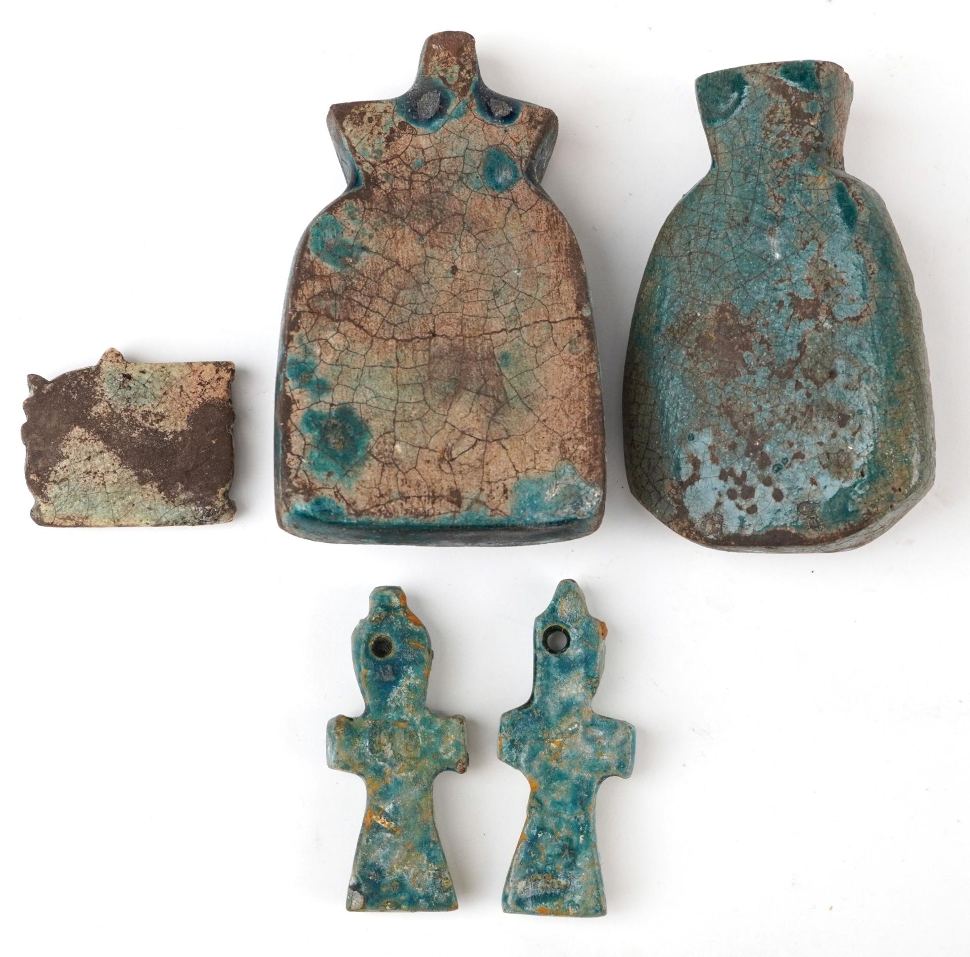 Two Egyptian style faience glazed amulets and three others, the largest 11cm high : For further - Image 2 of 2