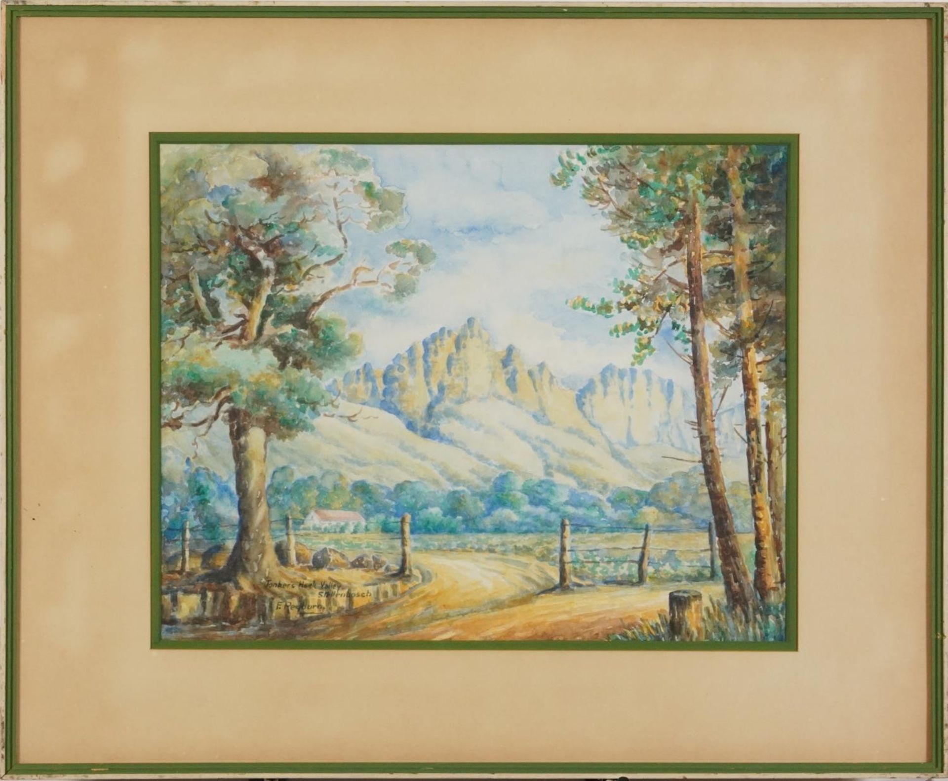 E Reyburn - Jonkers Hop Valley Stellenbosch, signed watercolour, Durban label verso, mounted, framed - Image 2 of 5