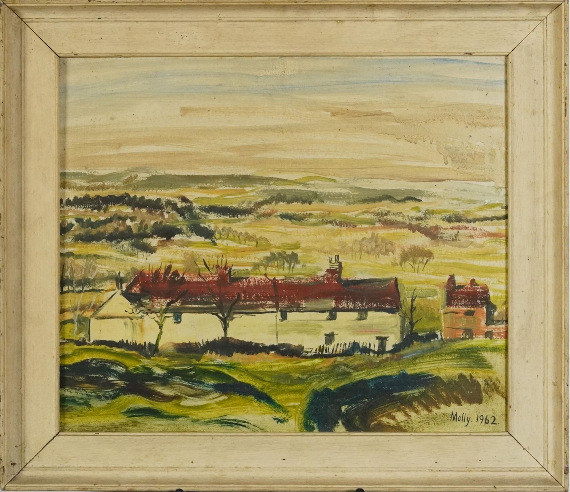 Molly 1962 - Landscape with cottages, Modern British oil on canvas board, mounted and framed, 40cm x - Image 2 of 4