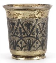 Russian silver gilt niello work vodka cup, indistinct maker's mark 1839, 5.5cm high, 54.8g : For