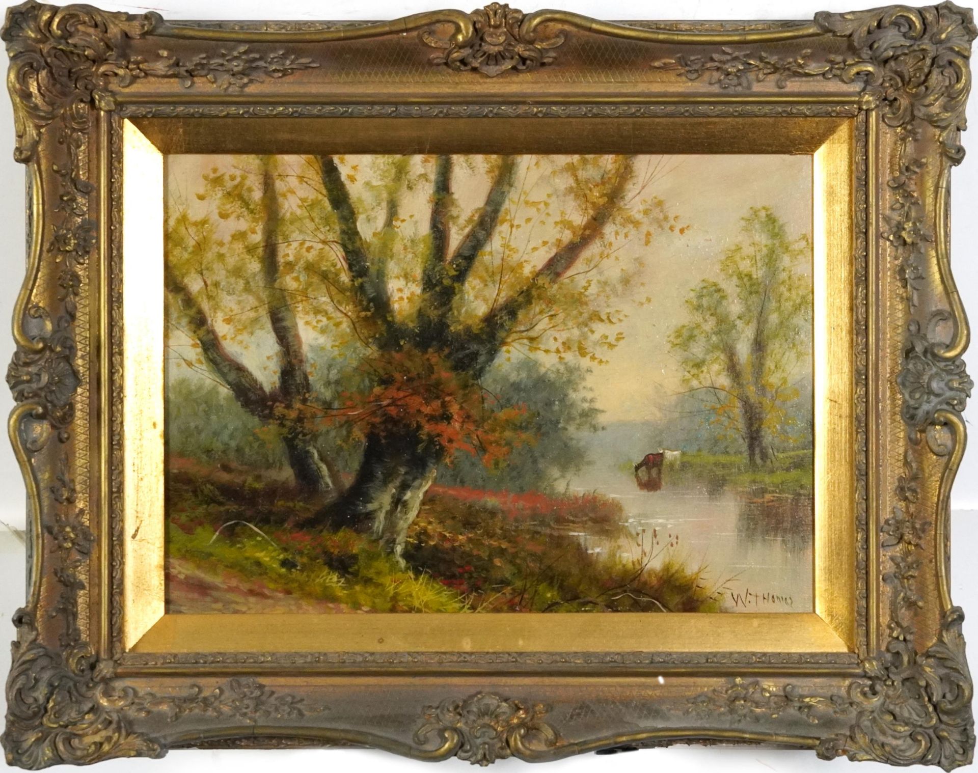 W Thomas - Cattle beside water and figure on path beside woodland, pair of 19th/20th century oil - Image 3 of 8