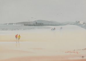 Mario Ottonello - Stone jetty and Midland Hotel at Morecambe, signed watercolour, mounted, framed