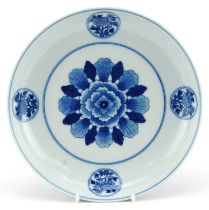 Chinese blue and white with iron red porcelain shallow dish hand painted with flowers amongst